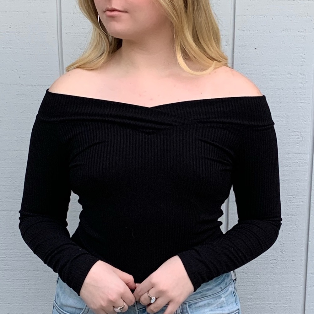 Black off the shoulder cropped long sleeve